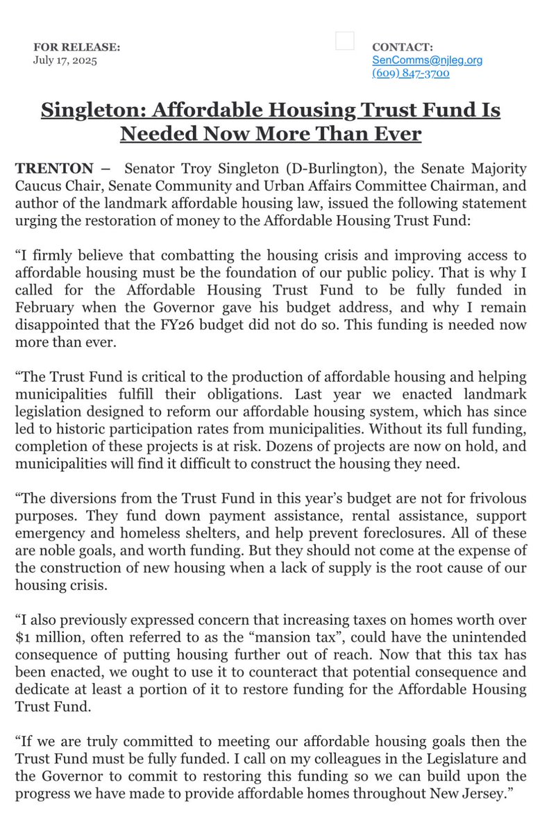 HCDNNJ's tweet image. Thank you Senator Troy Singleton for coming out in support of restoring the Affordable Housing Trust Fund & dedicating mansion tax revenue to the AHTF 👏 @Troy4NJ7