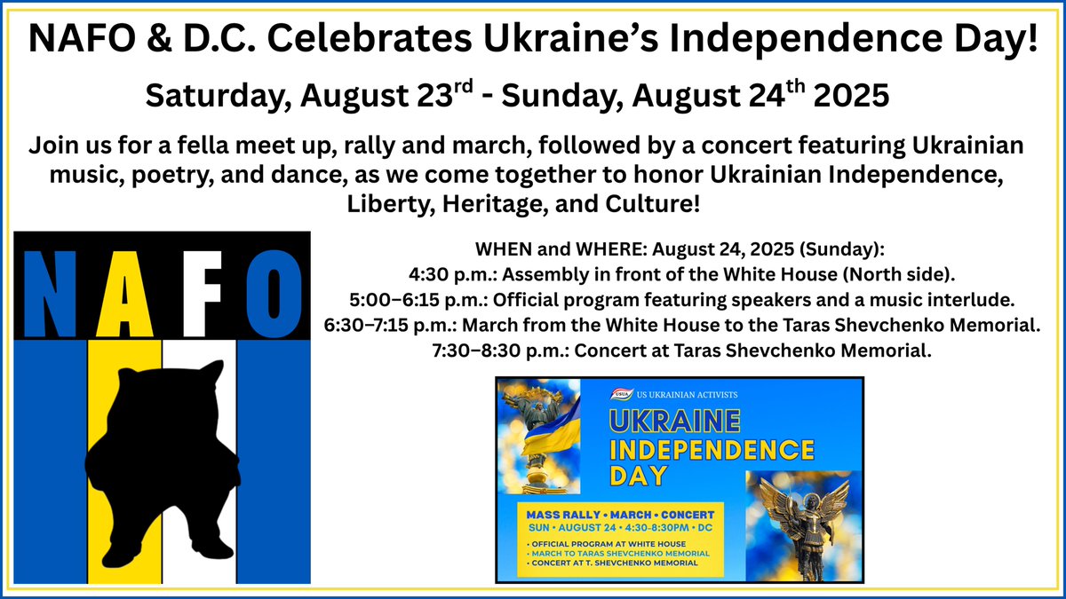 NAFOfellaE's tweet image. ๐บ๐ฆFella meet up + Rally for Ukraine = Perfection๐บ๐ธ
On Sunday, August 24, for the fourth year in a row, US Ukrainian Activists (USUA) is bringing together supporters of Ukraine, the Ukrainian diaspora, and local Ukrainian-American groups and organizations to celebrate Ukraine'sโฆ