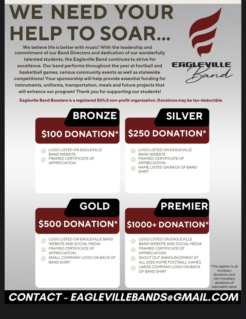 Support the Eagleville Marching Band! 🎺 Sponsor our 2025 show “Friday Night Lights” &amp; get your business featured at games, on shirts &amp; more. Help us shine under the lights! 💛
Message us for more info!
#EaglevilleBand #FridayNightLights #SponsorLocal