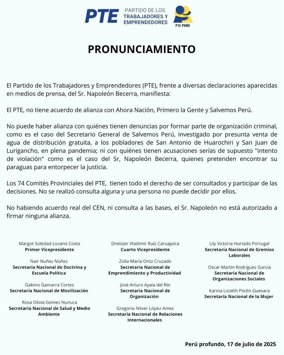 🔵🟡 Pronunciamiento 🟡🔵

El Partido de los Trabajadores y Emprendedores (PTE), frente a diversas declaraciones aparecidas en medios de prensa, del Sr. Napoleón Becerra, manifiesta:

Lea el pronunciamiento completo aquí: 

facebook.com/share/1ANHAmRD…