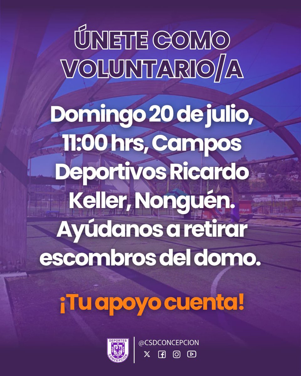 CSDConcepcion's tweet photo. ¡Te necesitamos este domingo!

👉🏻 20 de julio desde las 11:00 hrs, haremos una jornada de retiro de escombros del domo ubicado en los Campos Deportivos Ricardo Keller, Nonguén.

💪 Tu ayuda es fundamental para seguir recuperando este espacio comunitario. https://t.co/4cB46Uwjfo