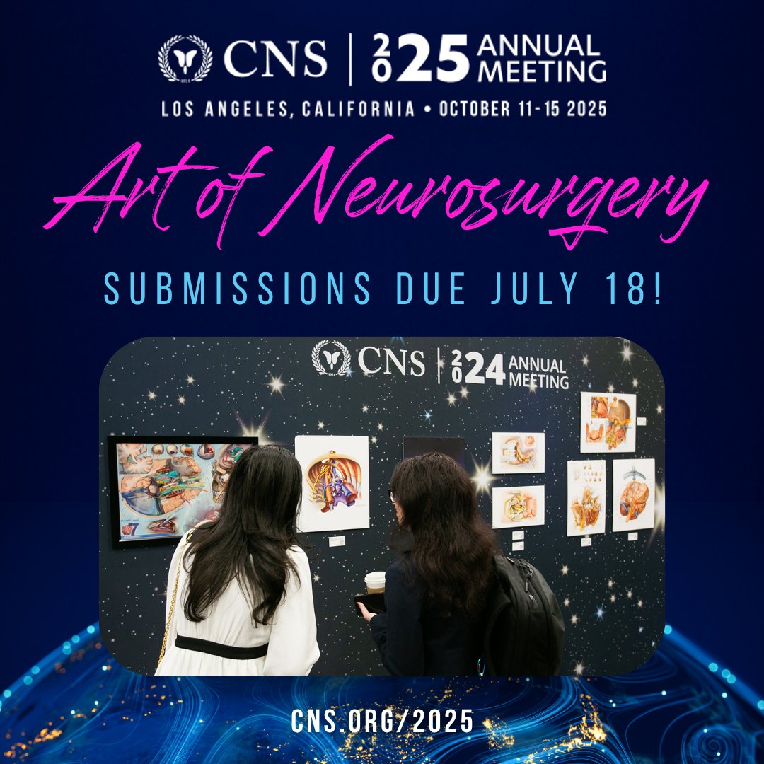 CNS_Update's tweet image. Last chance for your work to be considered for the #2025CNS Art of Neurosurgery! Submit your artwork for the opportunity to be featured alongside other inspiring works of visual art in a special gallery in the exhibit hall during the meeting. Submissions due TOMORROW, July 18!…