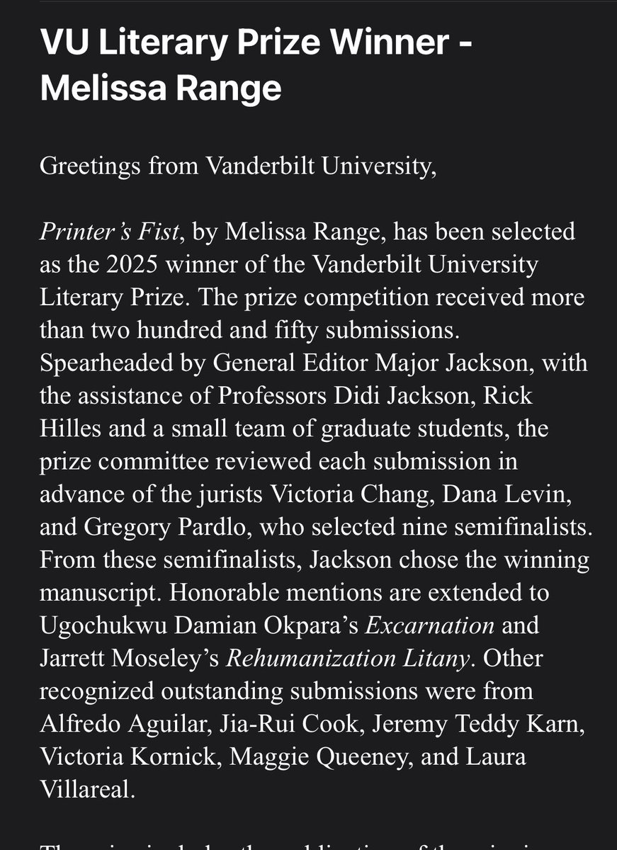 darkwebtofu's tweet image. Wow—I’m truly honored (and shocked)! My manuscript Rehumanization Litany received an honorable mention for the VU Literary Prize. So grateful for this recognition. Huge congratulations to Melissa Range and all the other semifinalists!