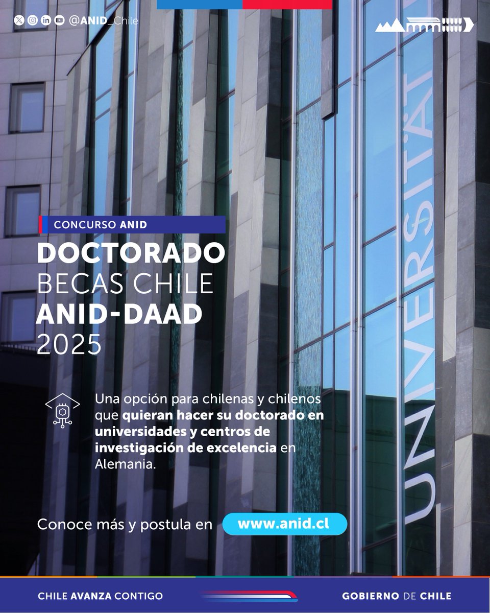 ANID_Chile's tweet photo. Si te interesa realizar tu formación doctoral en Alemania y aportar con tus conocimientos al desarrollo de nuestro país, te invitamos a postular a esta convocatoria que realizamos junto al Servicio Alemán de Intercambio Académico, DAAD 👉 Postula en: https://t.co/U6wlwavwdO https://t.co/TzaQnBhNJh