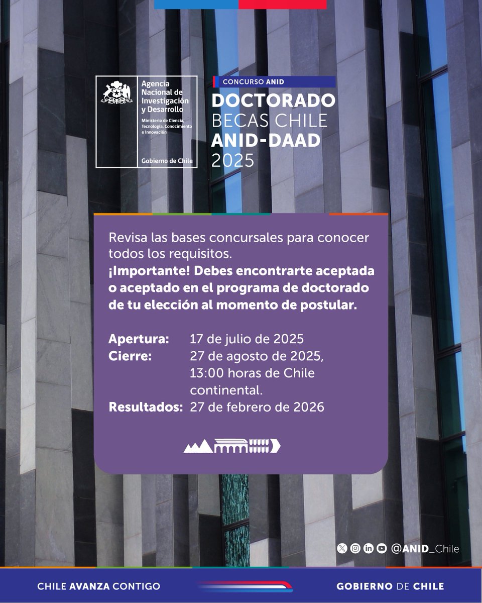 Si te interesa realizar tu formación doctoral en Alemania y aportar con tus conocimientos al desarrollo de nuestro país, te invitamos a postular a esta convocatoria que realizamos junto al Servicio Alemán de Intercambio Académico, DAAD 👉 Postula en: anid.cl/concursos/doct…