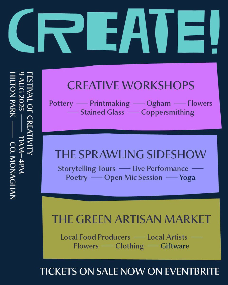 CreativeMonagh2's tweet image. 📆 Saturday, 9th August 2025 
📌 Hilton Park, Clones 
⏰ 11am - 4pm 

Booking is essential - Entrance fee €20 
eventbrite.com/e/143493474143…

⭐NOTE: A number of workshops are €15 each - They need to be booked on Eventbrite - click on the 'Add On' after booking your entrance ticket
