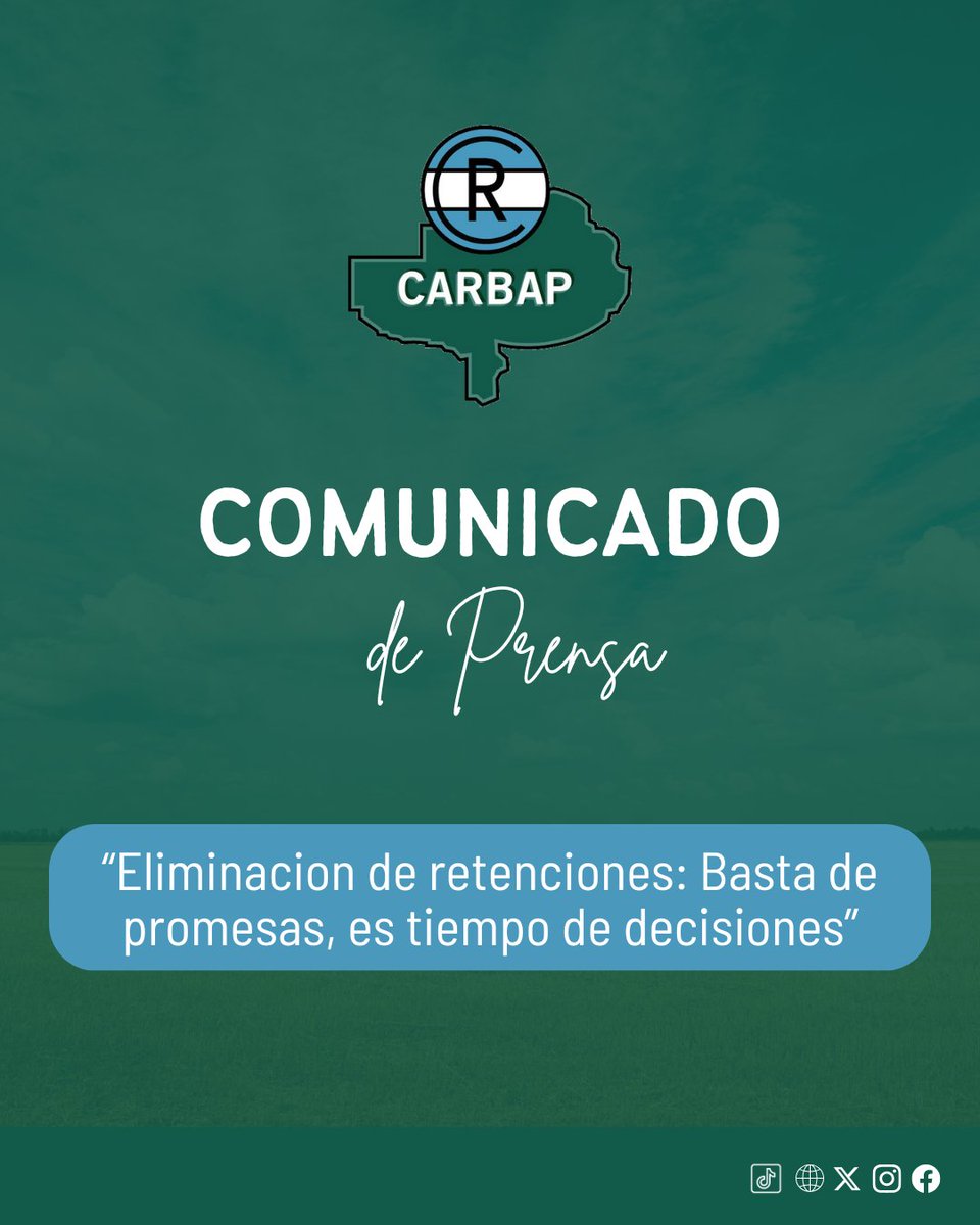 📢 #ComunicadoCARBAP 

"Eliminación de retenciones: basta de promesas, es tiempo de decisiones."

👉 No se puede seguir postergando la producción.

🔗 Leé el comunicado completo: carbap.org/comunicados/el…

<a href="/JMilei/">Javier Milei</a> <a href="/fedesturze/">Fede Sturzenegger</a> <a href="/CRAprensa/">CRA</a> <a href="/BichosdeCampo/">bichosdecampo</a> <a href="/carourd_/">Carola Urdangarin</a> <a href="/eyenvivo/">Canal EY!</a> <a href="/kovavete/">Ignacio 🇺🇦⭐️⭐️⭐️</a>