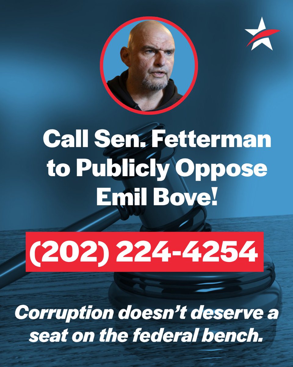 commoncausepa's tweet image. Confirming Emil Bove would be confirming corruption. Pennsylvania, tell Senator Fetterman to oppose Bove's judicial nomination. Call Sen. Fetterman here: act.commoncause.org/call_campaigns…