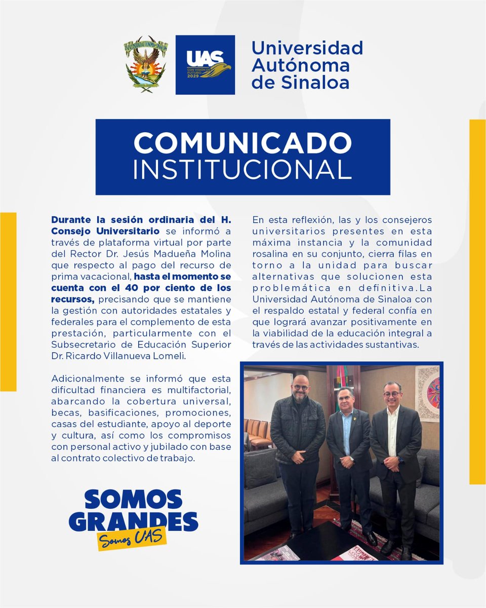 uasoficialmx's tweet photo. 📣 Sigue la gestión del Dr. Jesús Madueña Molina ante autoridades del Estado y la Federación.

🤝 El  H. Consejo Universitario respalda las alternativas de solución. 🏛️✅

#SomosGrandes #SomosUAS #TeQuieroMuchoUAS https://t.co/Nf3ZhdPy4X