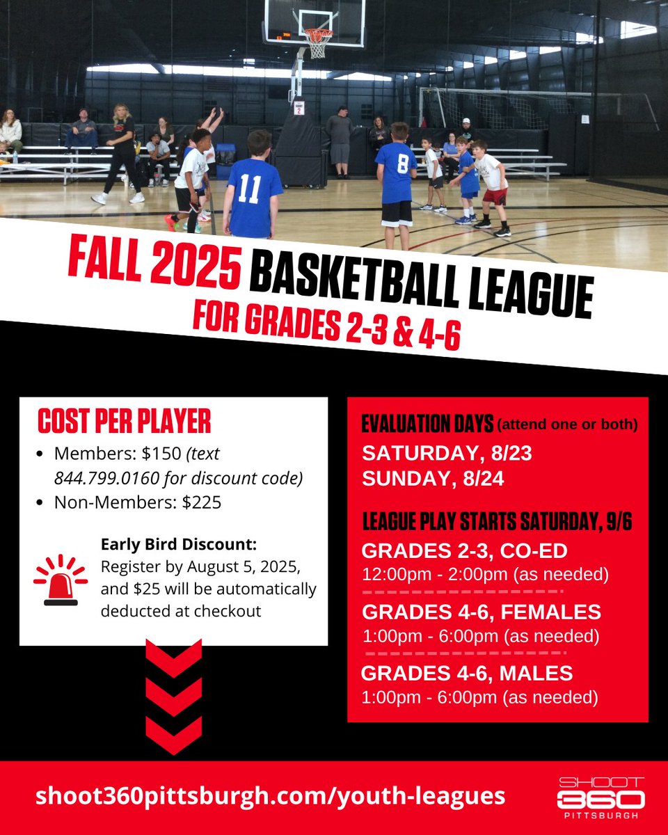 shoot360pgh's tweet image. 🏀 League Alert!
Our Fall Basketball League is back for grades 2–3 & 4–6.
- 7 weeks of games
- Members: $150
- Non-members: $225
- Register by 8/5 and get $25 off! 🚨
- Evaluations 8/23 & 8/24 | League starts 9/6
Registration closes September 1!
▶️ shoot360pittsburgh.com/youth-leagues/