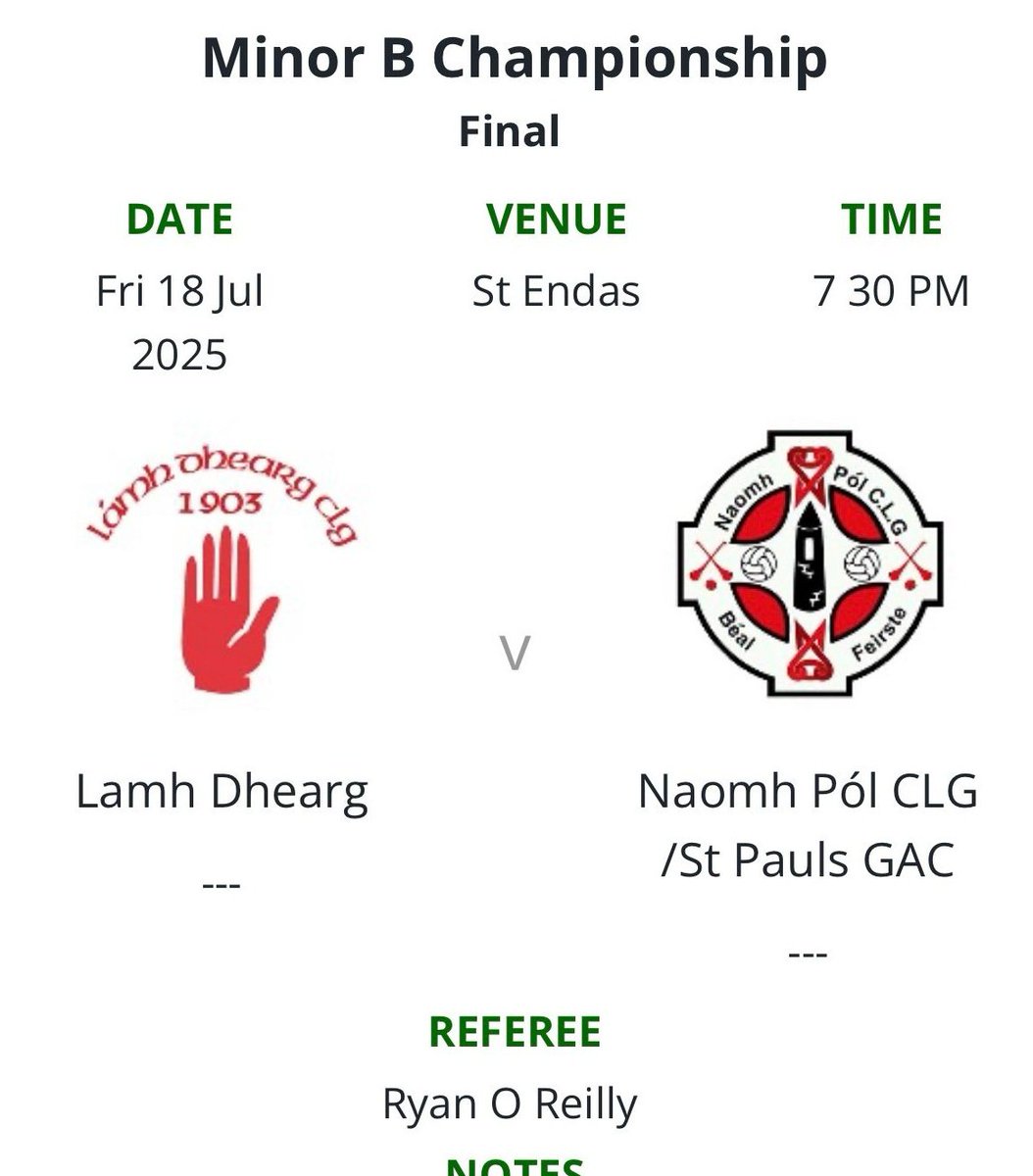 All roads lead to Glengormley tomorrow night to cheer on our Minor Camogs in the County B Championship final.

Admission 
• £5 adults 
• £3 concessions
