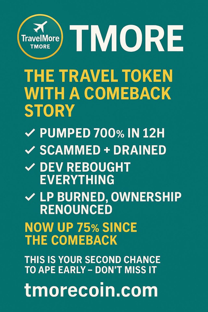 🚀 $TMORE is BACK
First memecoin for travelers🌍💸
🔥Up 800%+ since liftoff!
✅LP Burned |Ownership Renounced

💸Still early(sub $20K MC)
🧳Boarding call for travelers&amp; earners!  
X:@TravelwithTMORE
Buy Now:dexscreener.com/solana/9vpb3zy…
CA:CPEBpdDddWJ753vEDx3h5BU5pTmGZGXhBmdcUaELmoon