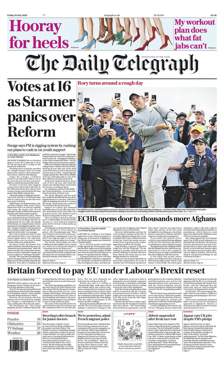 Lou_obrien19's tweet image. Friday's TELEGRAPH: Votes at 16 as Starmer panics over Reform #TomorrowsPapersToday