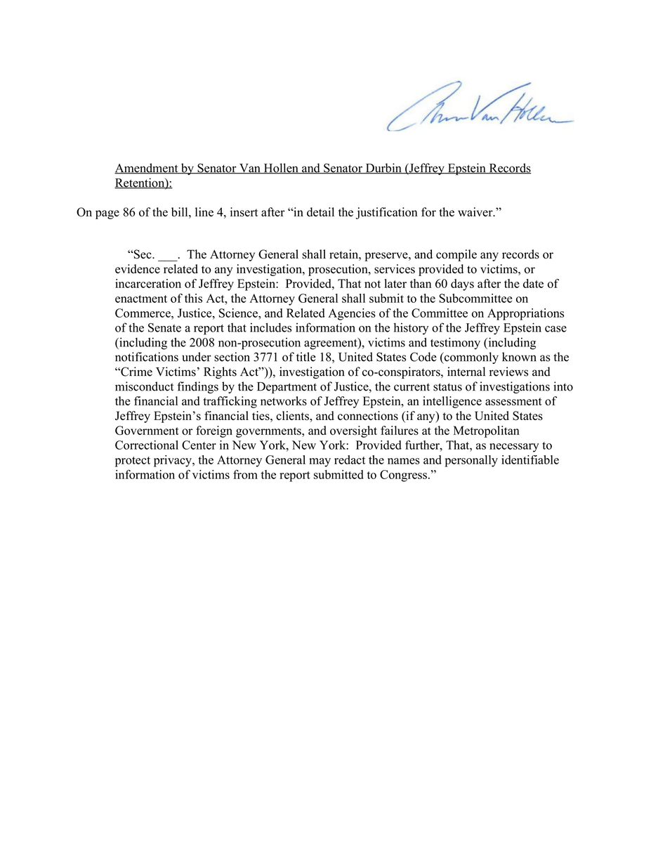 SenatorDurbin's tweet image. The Epstein files must come to light.
So, we provided an amendment to an appropriations bill to require Attorney General Bondi retain, preserve, and compile the Epstein files and submit a report to Congress.
It passed unanimously.