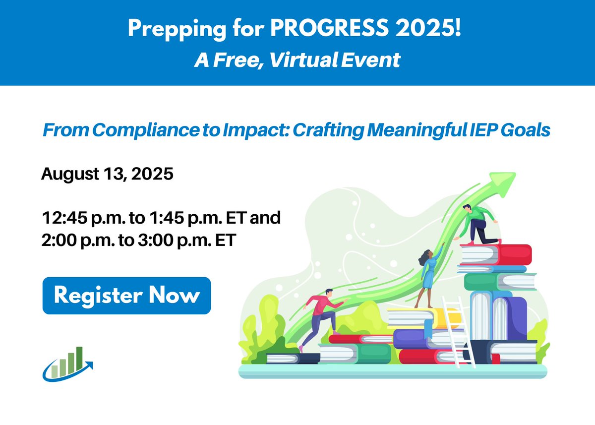 K12PROGRESS's tweet image. How do you know which #IEP goals to choose, and how do you make them meaningful? This free, virtual session will address common misconceptions and reinforce efficient strategies to ensure goals promote progress for students with disabilities. Register: promotingprogress.org/events/preppin…