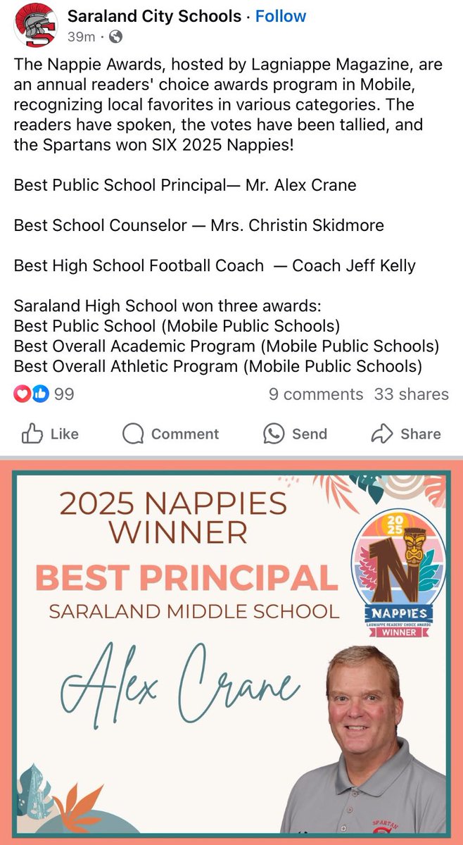 Let's Go! Big Shout out to <a href="/AlexGCrane/">Alex G. Crane</a> and <a href="/tjkelly17/">Jeff Kelly</a> for winning the Nappie Award for best  principal and best HS Football Coach the both of them make my job so easy. #TheSpartanStandard #ExpectMoreAchieveMore #TheSpartanWay