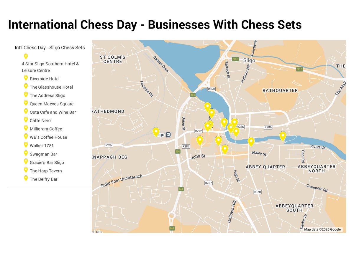 <a href="/Sligo/">Live | Invest | Visit</a> businesses are getting involved in Int'l Chess Day (Sun, 20/7). Chess sets will be in <a href="/greatsligohotel/">Sligo Southern Hotel</a>, Riverside Hotel, <a href="/glasshousesligo/">The Glasshouse</a>, The Address, Osta, Caffe Nero, Milligram, WB's Coffee Shop, <a href="/walker1781/">Walker1781</a>, <a href="/SwagmanBar/">The Swagman Bar</a>, Gracie's, Harp Tavern, &amp; The Belfry. Stop in.
