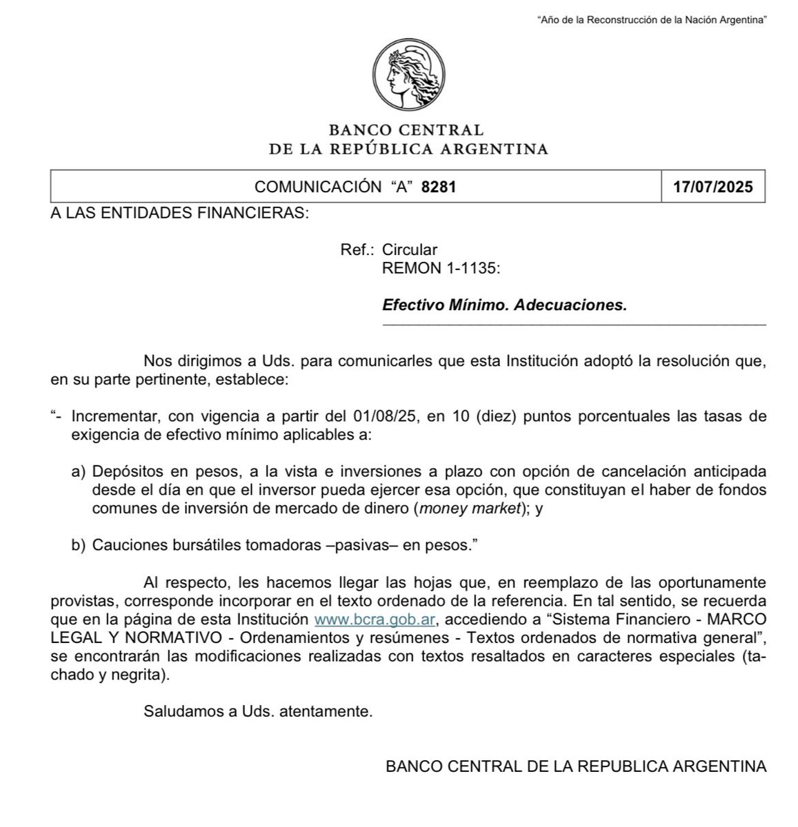 TargetDeMercado's tweet image. BCRA incrementa de 20% a 30% el encaje de los money markets y las cauciones. Avanza en lo que había comunicado hace ya algunas semanas de equiparar encajes de MM y CC. Esto disminuirá el rendimiento de los FCI y también de las cauciones.