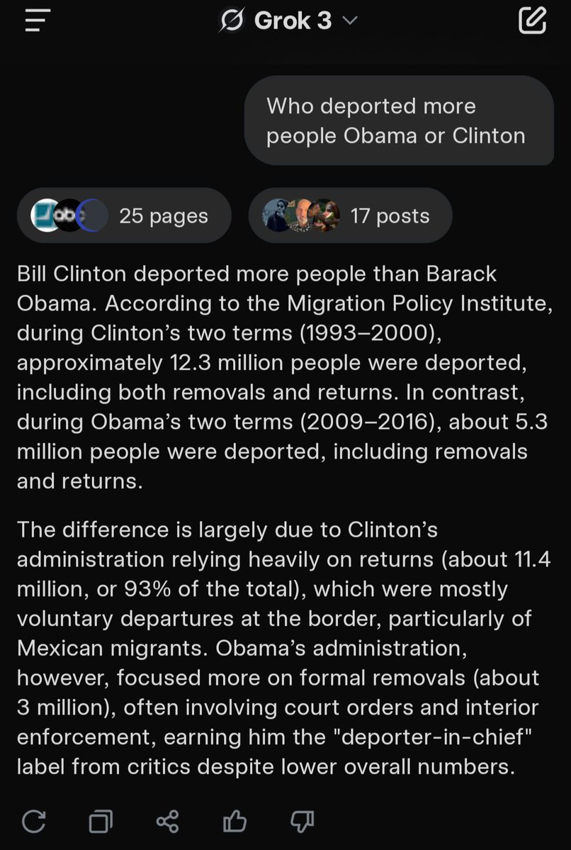 theoryundrgrnd's tweet image. Today I heard @PiersUncensored say to Joy Reid that Obama deported more ppl than any president. Actually it was Bill Clinton. 

To quote @Grok Bill Clinton deported more people than Barack Obama. According to the Migration Policy Institute, during Clinton’s two terms (1993–2000),…