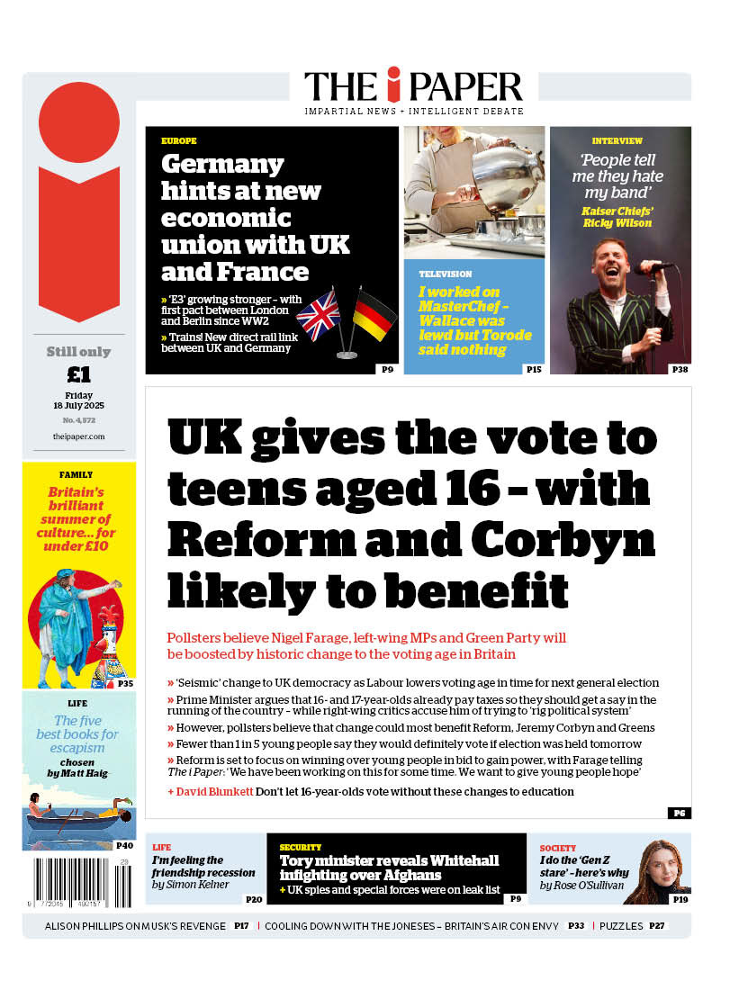 Lou_obrien19's tweet image. Friday's i: UK gives the vote to teens age 16 - with Reform and Corbyn likely to benefit #TomorrowsPapersToday
