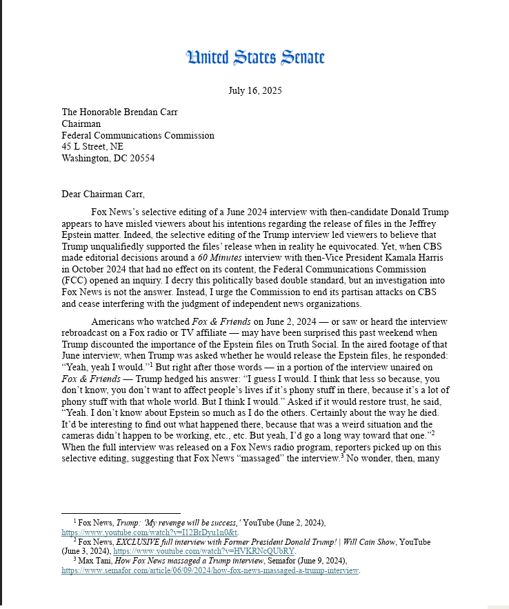 aaronterr1's tweet image. This letter to the FCC chair rightly calls out the agency's political double standard — it's investigating CBS's Harris interview but ignored Fox's editing of a Trump interview. The answer isn't to probe both. It's to stop partisan investigations of news coverage altogether.