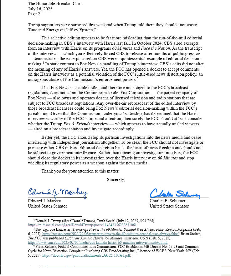 aaronterr1's tweet image. This letter to the FCC chair rightly calls out the agency's political double standard — it's investigating CBS's Harris interview but ignored Fox's editing of a Trump interview. The answer isn't to probe both. It's to stop partisan investigations of news coverage altogether.