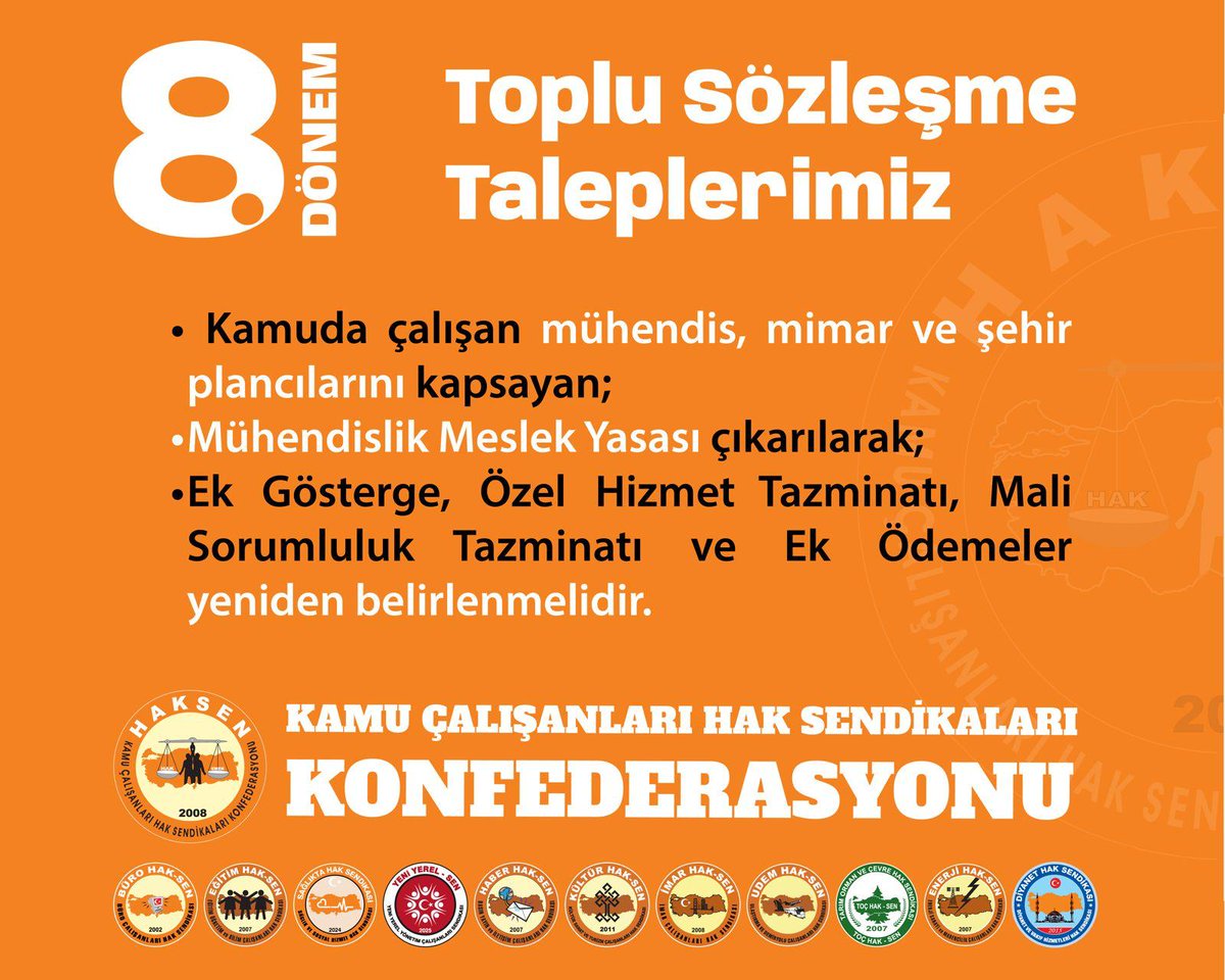 -Kamuda çalışan Mühendis, mimar ve şehir plancılarını kapsayan;

- Mühendislik Meslek Yasası çıkarılarak;
- Ek gösterge, özel hizmet tazminatı, mali sorumluluk tazminatı ve ek ödemeler yeniden belirlenmelidir..

<a href="/ayhancivi/">Ayhan Çivi</a> 
<a href="/haksengm/">HAK-SEN</a>