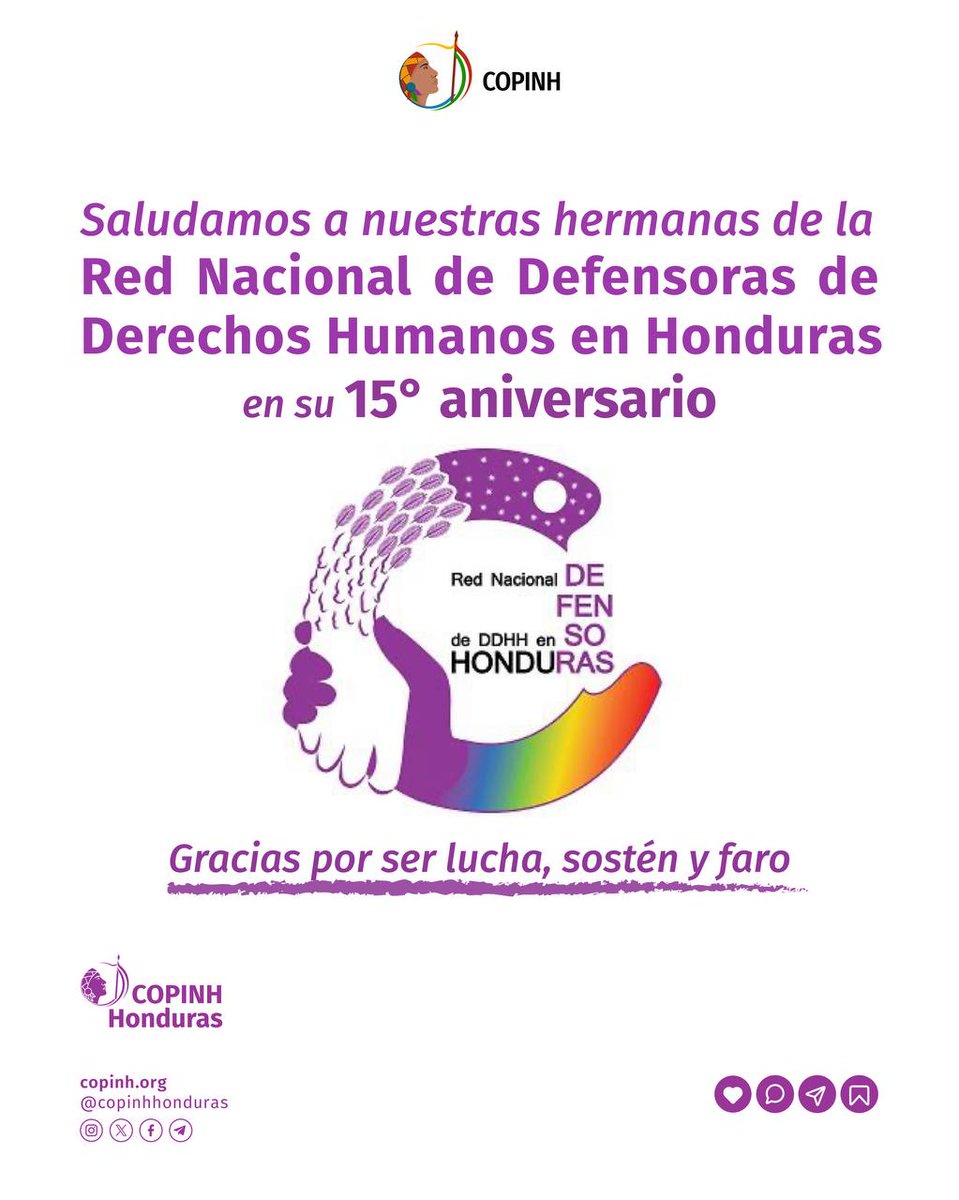 ‼️Desde el COPINH, saludamos con orgullo a nuestras compañeras de la Red Nacional de Defensoras de Derechos Humanos en Honduras.

Gracias por tejer redes de vida, cuidado y dignidad.
¡Larga vida a las defensoras!🎉