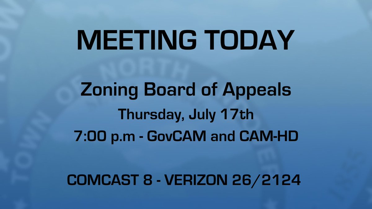 NorthAndoverCAM's tweet image. The Zoning Board of Appeals meeting tonight will be broadcast live on Gov-CAM and CAM-HD

You can also watch online: buff.ly/SELB4zN
