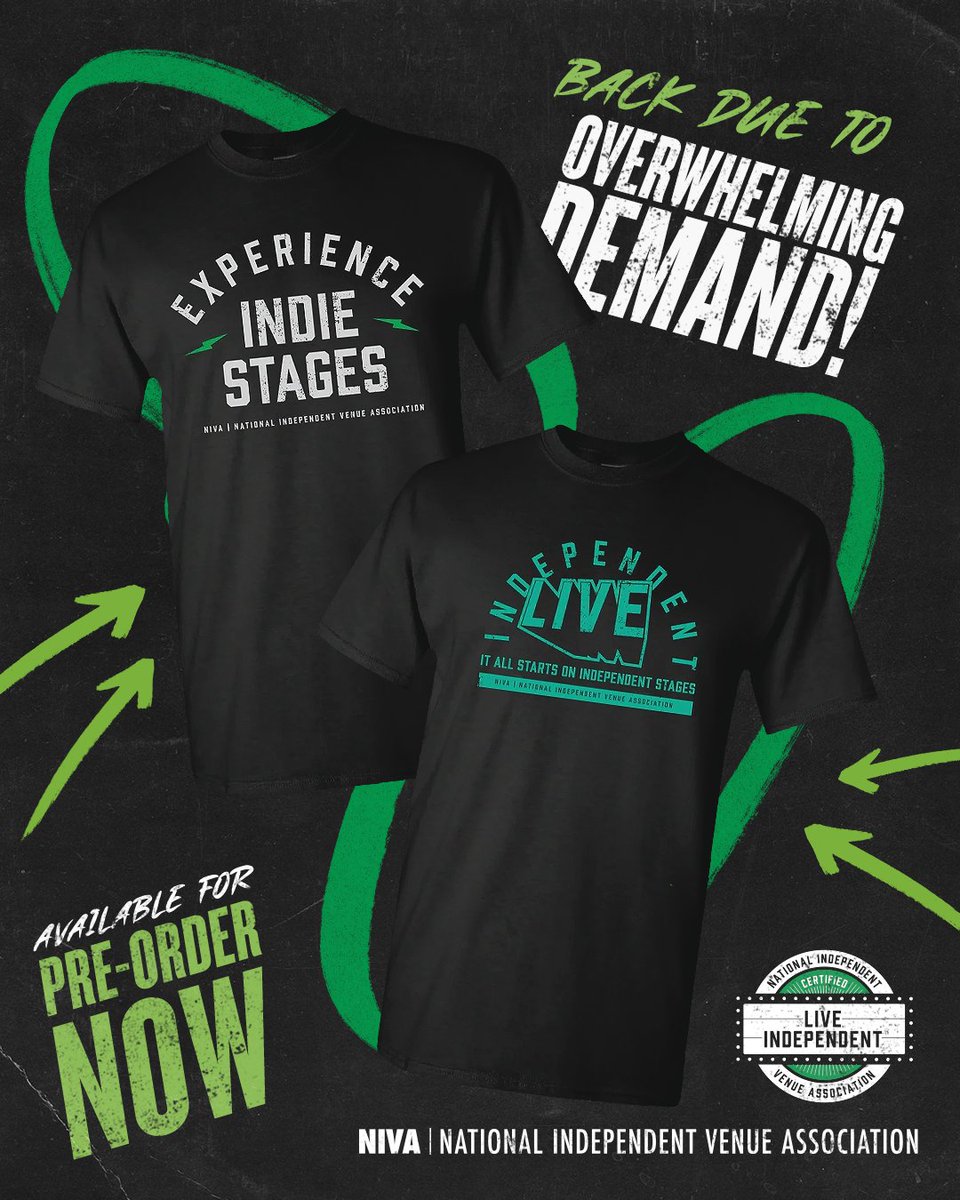 The t-shirts that debuted (and quickly sold out) at #NIVA25 are BACK! 😮‍💨

Pre-orders for the new Experience Indie Stages tee and the first-ever #LiveIndependent tee are now open in our merch store.

Outfit yourself—or the whole crew.

🛒 Pre-order now: nivassoc.org/merch