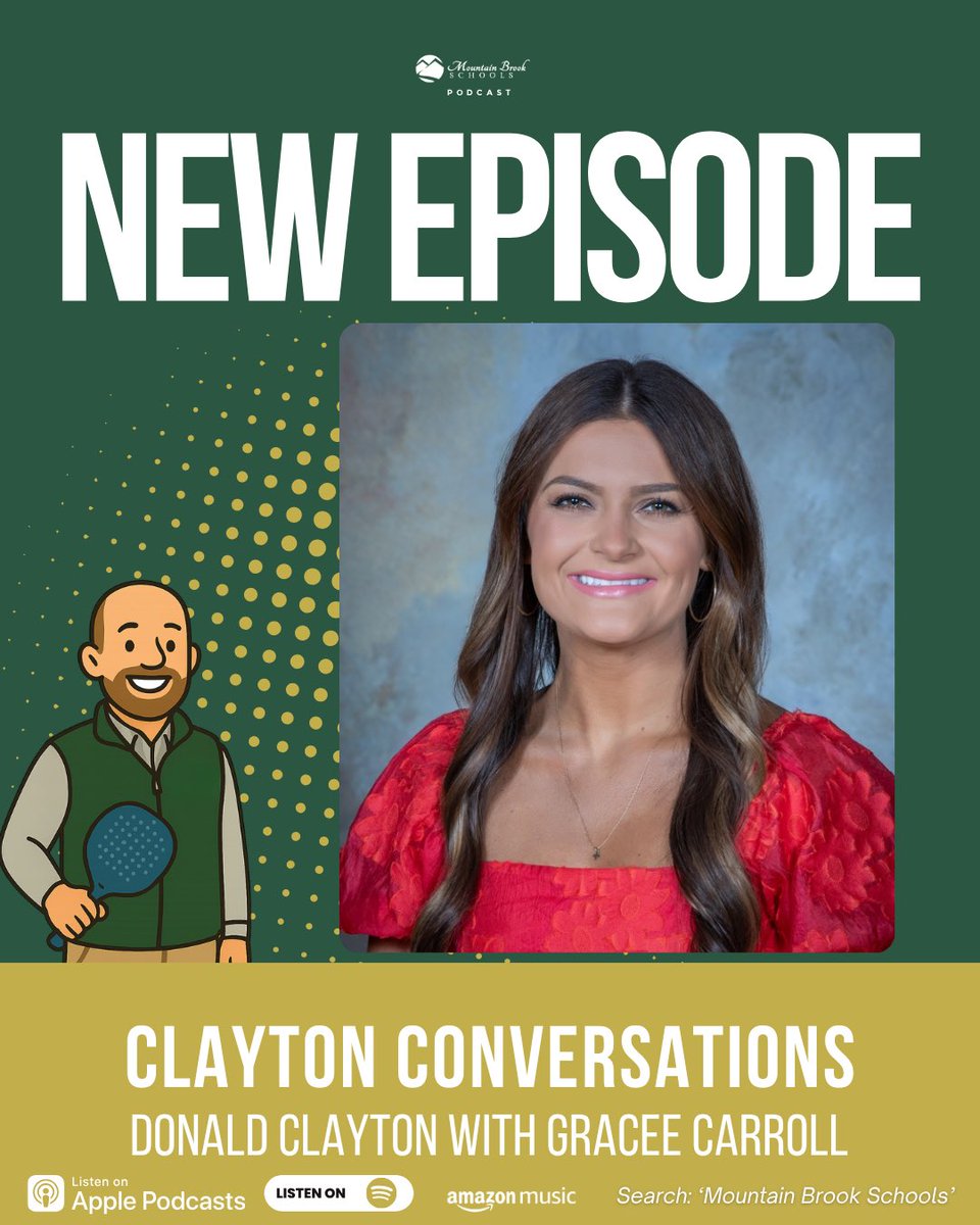 mtnbrookschools's tweet image. 🎙️Clayton Conversations: Gracee Carroll
On this episode, Mountain Brook Schools Administrator, Donald Clayton, visits with Gracee Carroll, a 4th grade teacher at Crestline. Watch or listen to learn more about Gracee, her career and her interests.
Watch: mbs.eduvision.tv/default?q=X3Y5…
