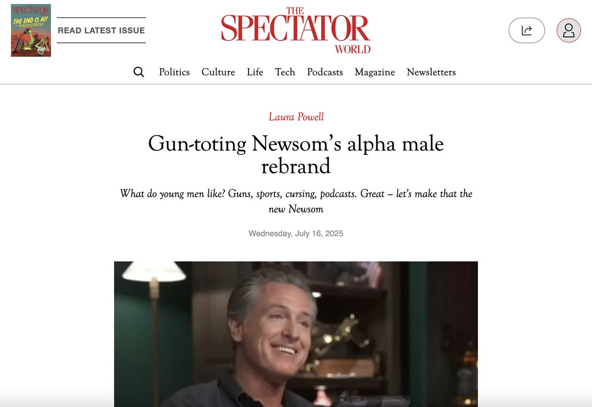 “Newsom mimics the trappings of the manosphere—long-form interviews, gun talk, locker-room banter—but has no grasp of what actually animates it.”
archive.ph/tcGxa