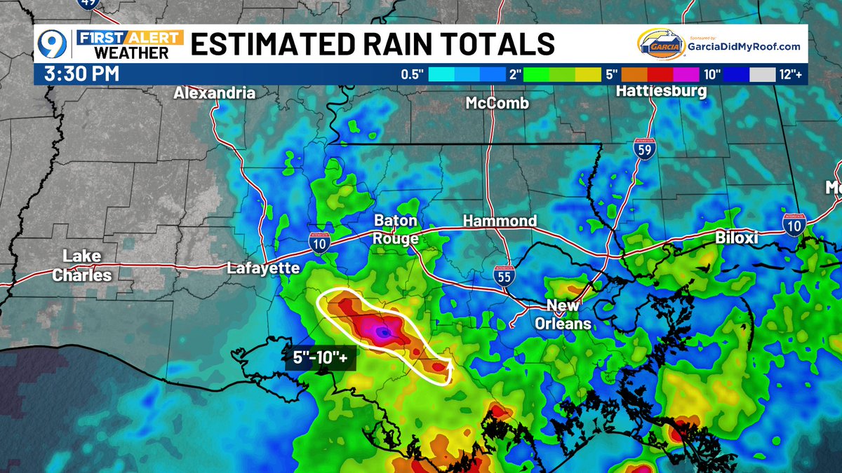 SteveWAFB's tweet image. Rain totals have been manageable in most areas, but a narrow swath of 5"-10"+ rains has occurred over parts of the Atchafalaya Basin extending SE into parts of Assumption & Lafourche parishes.
A USGS gauge along Belle River near Pierre Part has recorded just under 8" of rain…