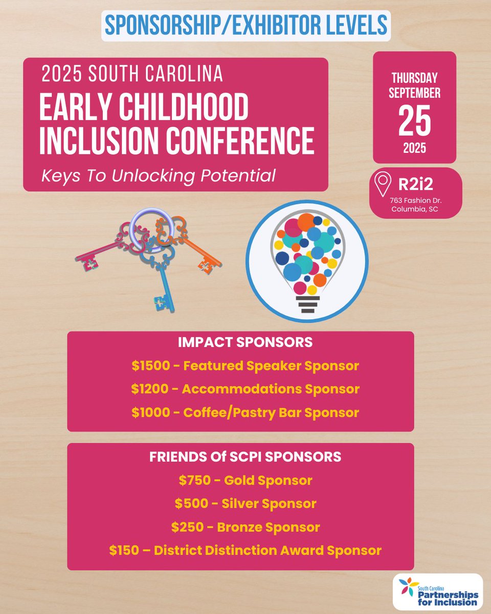 Exhibitors aren’t going away this year! Most sponsor levels for the 2025 ECI Conference include at least one exhibitor table. Want to be an exhibitor? Click the link below to see the sponsorship levels! 
scpartnershipsforinclusion.org/south-carolina…