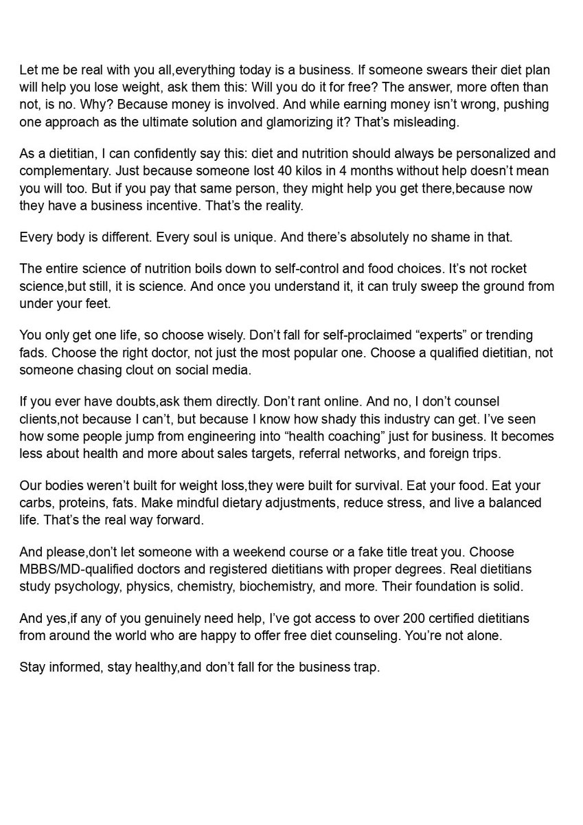 Before you dismiss a qualified doctor or dietitian as fake, and put your trust in some engineer-turned-coach pause and read this first. 
#dietician