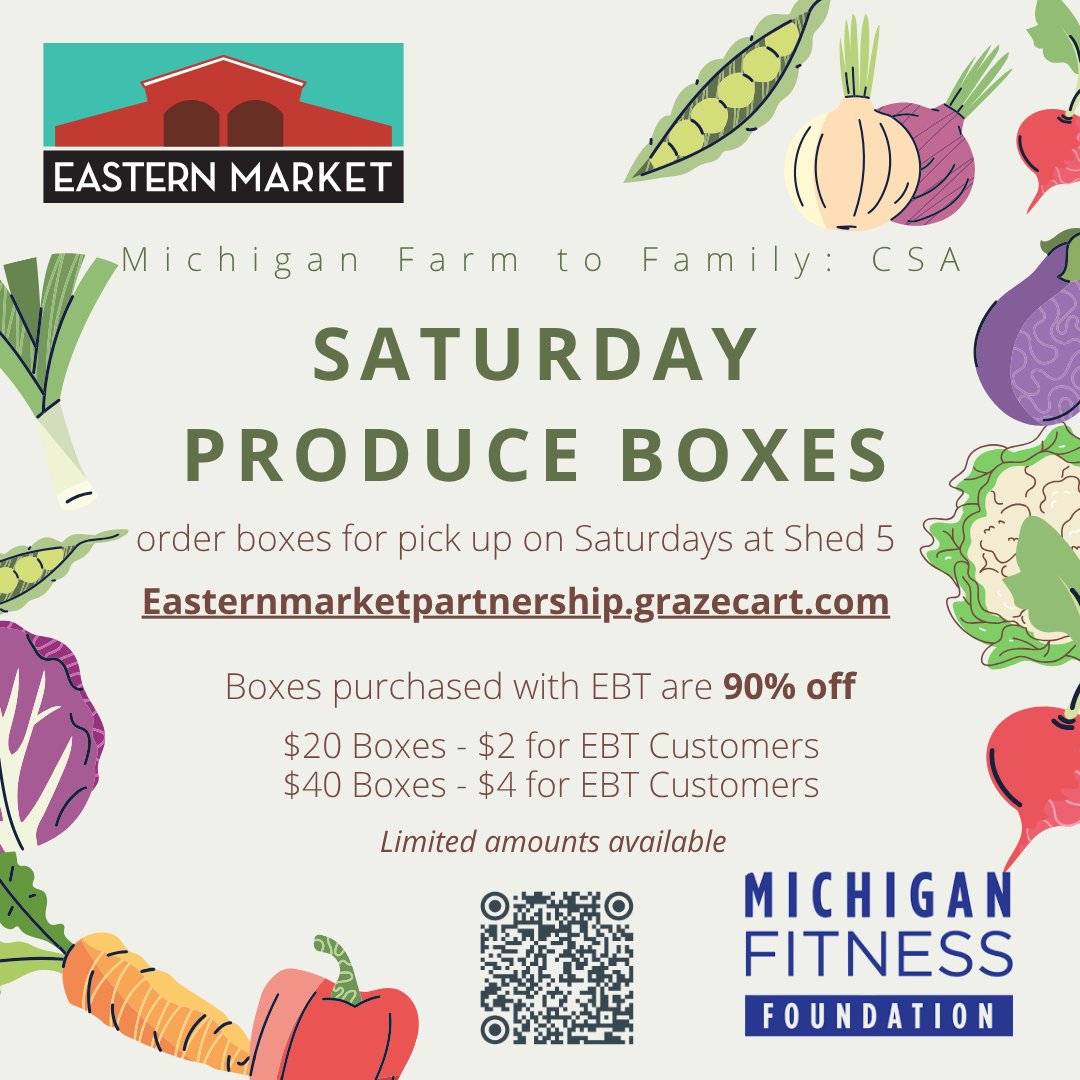 Produce boxes are ready for pick up this Saturday! 🍒🍇🍋🍓🍉

Order your produce box at our online market at Easternmarketpartnership.grazecart.com.

EBT purchases are $2 for the $20 box and $4 for the $40 box.

Use the link Easternmarketpartnership.grazecart.com or scan the QR code to place you order!