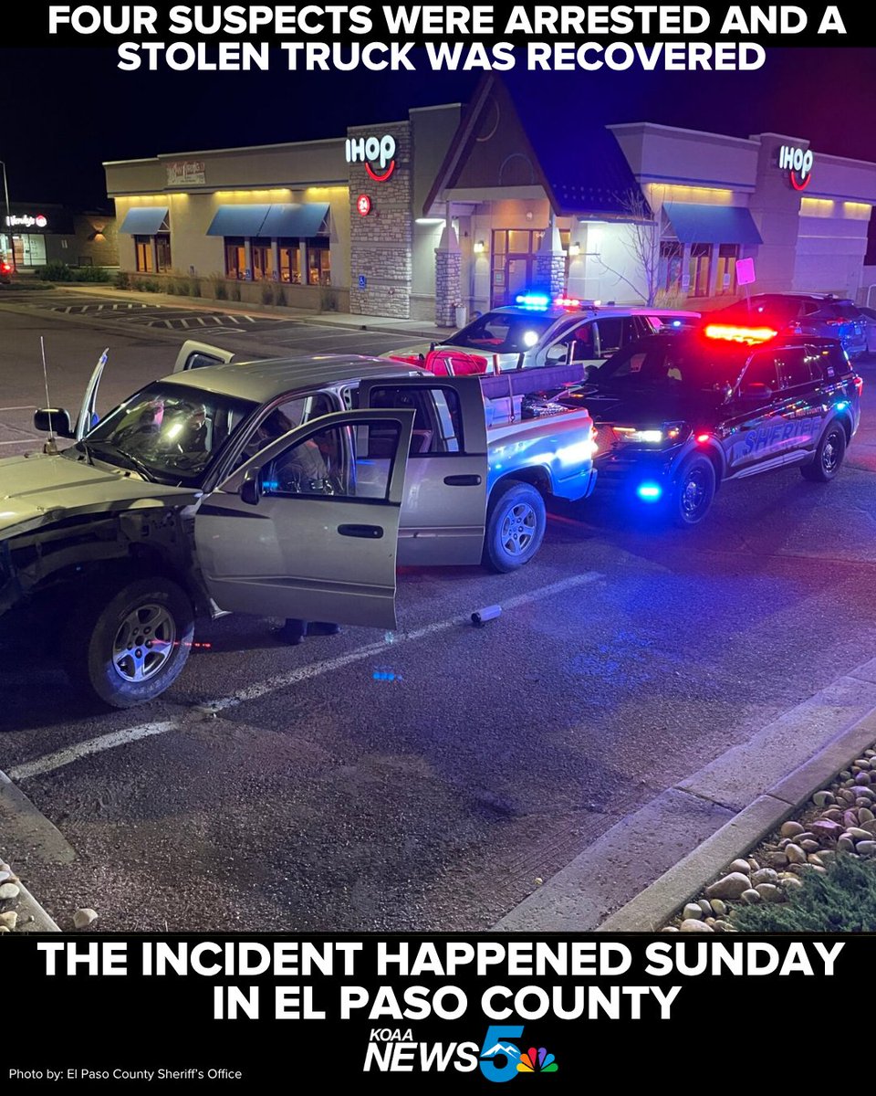 KOAA's tweet image. Four suspects were arrested and a stolen truck was recovered on Sunday.

The El Paso County Sheriff's Office says deputies were alerted of a stolen truck by a FLOCK Safety camera system, which reads plates.

More at: tinyurl.com/2vc3aycb 

#stolentruck #sheriffsoffice