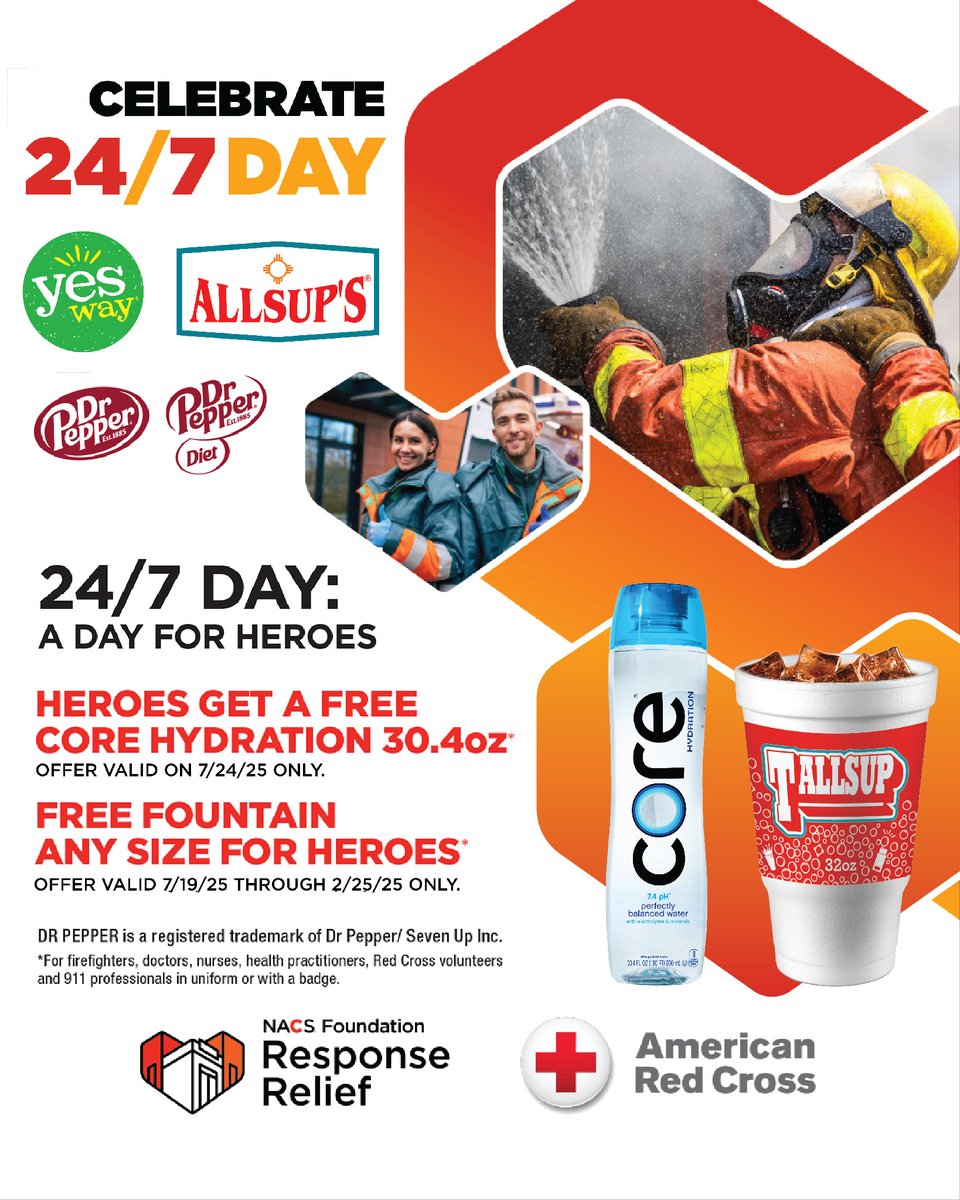 Share this with a hero! Next week is 24/7 day. We're celebrating by giving heroes in uniform FREE Core Hydration and fountain drinks!
