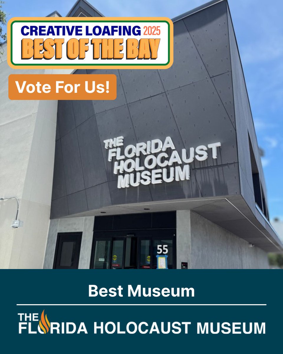 FLHolocaustMus's tweet image. The FHM has been nominated for Best Museum in Creative Loafing Tampa’s 2025 Best of the Bay!
Vote for us and your other local favorites at vote.cltampa.com! Voting ends August 20.
Want to help us continue our work? Visit thefhm.org/donate to make a gift.