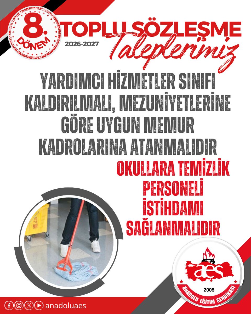 Yardımcı hizmetler sınıfı kaldırılmalı, bu sınıf personeli öğrenimine uygun memur kadrolarına atanmalıdır.

Okullarda Temizlik Personeli İstihdamı Sağlanmalıdır!

#TopluSözleşme
#yardımcıhizmetlersınıfı memur