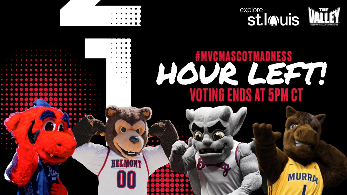MVCsports's tweet image. TIC TOK⏲️
Only ☝️hour left to vote for who goes to the #MVCMascotMadness Championship.
VOTE NOW➡️bit.ly/469WI66
@explorestlouis x #TheValleyRunsDeep