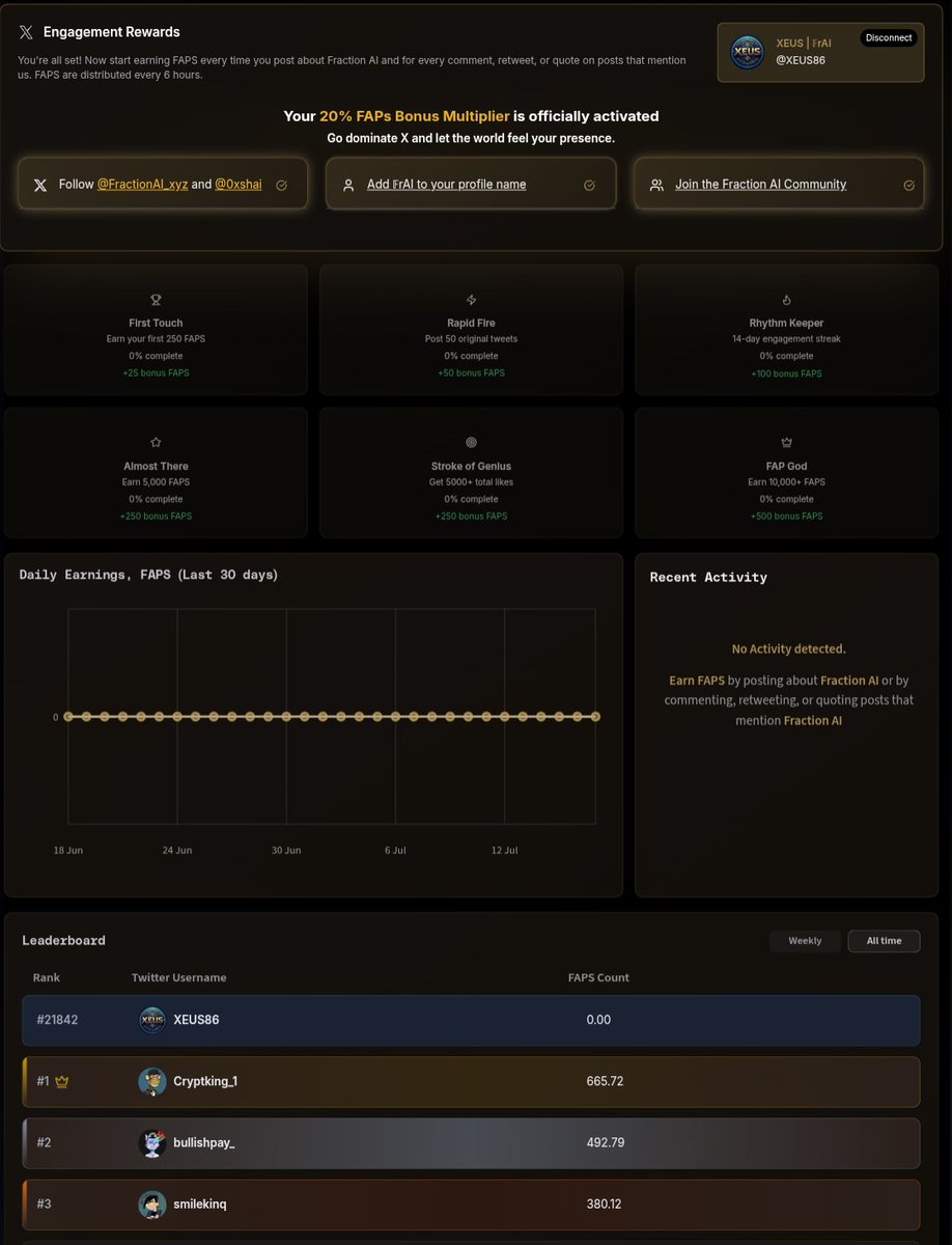 XEUS86's tweet image. Want to earn FAPs (Fraction AI Attention Points)? 🚀
👉 Post about @FractionAI_xyz
🔁 Retweet, reply & quote related content
💥 Activate the $Faps booster (+20%)
🔄 Repeat every few hours
📈 Follow official accounts & add " | 𝔽rAI" to your profile name
Build your engagement…