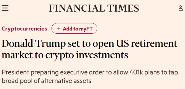 wallstengine's tweet image. TRUMP TO OPEN 401K MARKET TO CRYPTO, GOLD, AND PRIVATE EQUITY — FT

Donald Trump is preparing to sign an executive order that could open up America’s $9T retirement market to crypto, metals, private equity, and more. The order would direct agencies to clear the path for 401k…