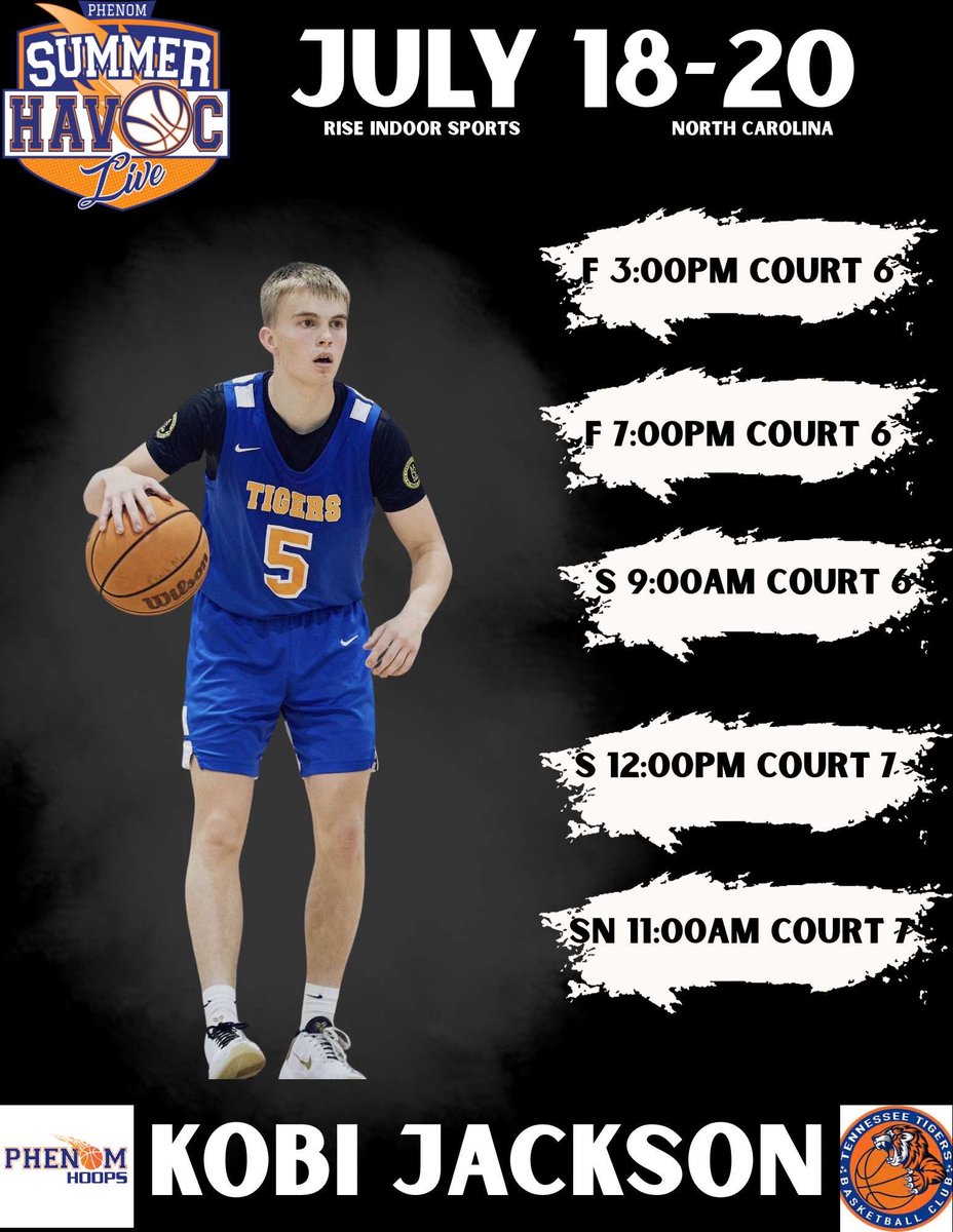 Kobijackson2027's tweet image. This is my schedule for the Phenom Summer Havoc Live tournament in Bermuda run, NC! @TigersTennessee @PrepHoopsTN @wcsIHSbball #indymade