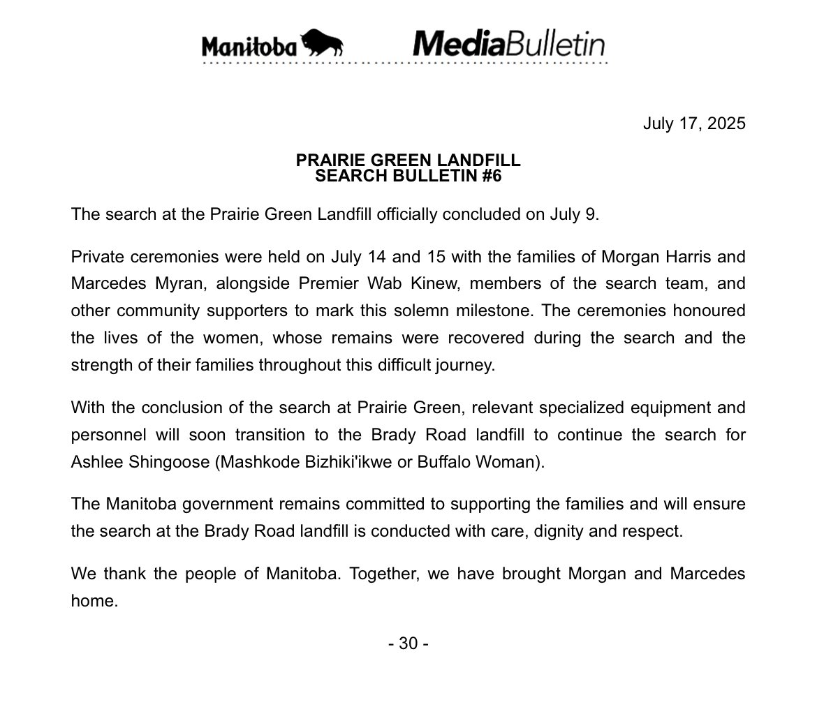 DennisWardNews's tweet image. With the conclusion of the search at Prairie Green, relevant specialized equipment and personnel will soon transition to the Brady Road landfill to continue the search for Ashlee Shingoose (Mashkode Bizhiki'ikwe or Buffalo Woman).