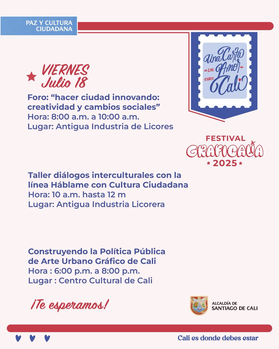 🎨 Cali se llena de color y memoria con el #FestivalGraficalia2025 💙
Del 17 al 22 de julio, el arte urbano se convierte en una carta de amor para la ciudad.

¡Así construimos cultura ciudadana desde los territorios! 🖌️✉️