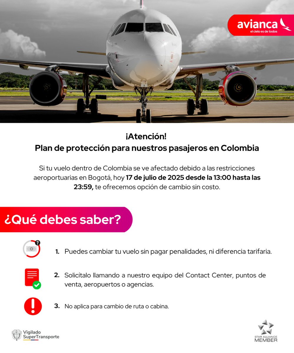 ¡Prepárate para tu viaje! ✈️

Te compartimos esta información si, hoy 17 de julio, tu viaje en #Colombia se ve afectado por las restricciones aeroportuarias. 👇