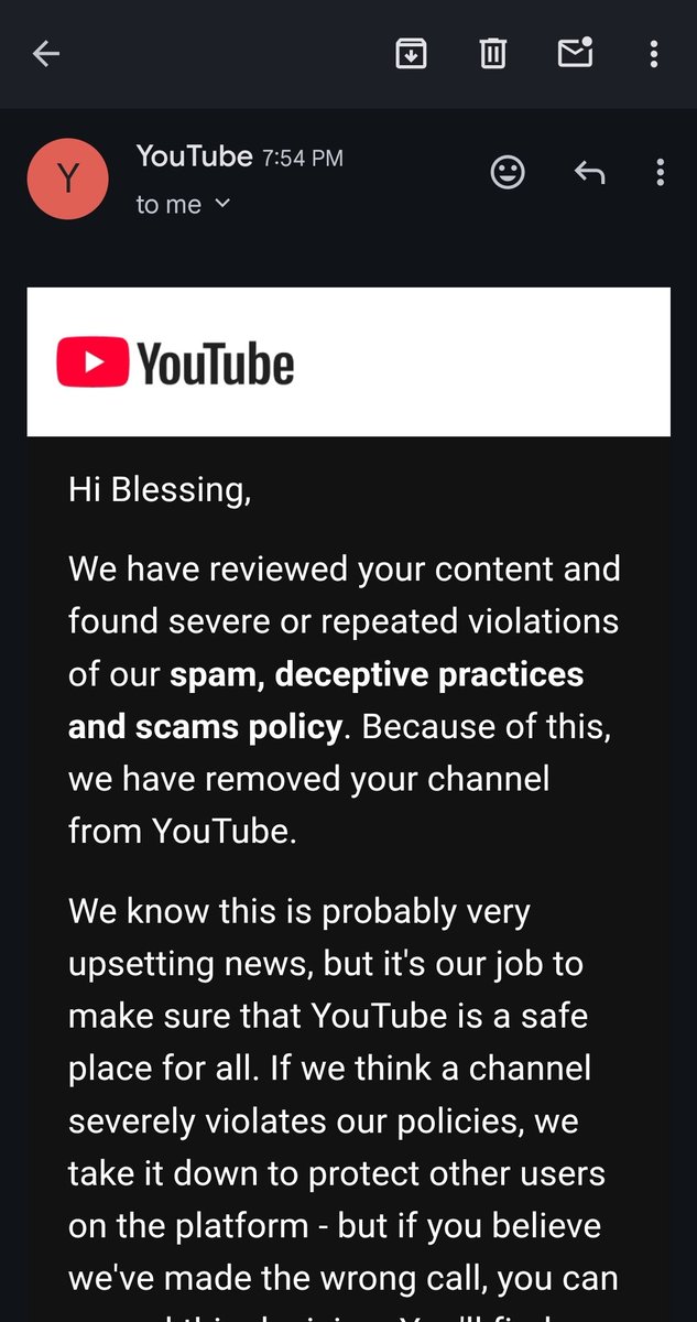 BEgutu's tweet photo. @tubechefai My channel was not AI channel and I don't involve in spam contents yet my channel is removed https://t.co/JavT23g4qM