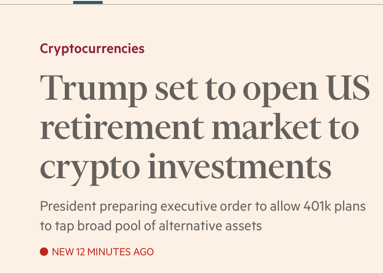 BitcoinNewsCom's tweet photo. JUST IN: 🇺🇸Trump is preparing to open the $9 trillion US retirement market to crypto, gold, and private equity.

An executive order expected this week would allow 401(k) plans to include alternative assets, marking a major shift in how Americans can invest their savings. https://t.co/VFGjBN4n2V