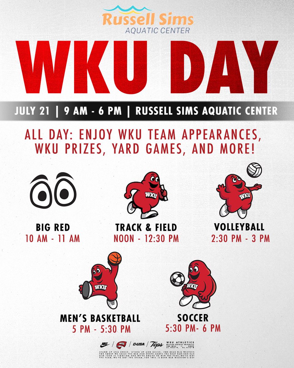 WKU Sports (@wkusports) on Twitter photo 𝗝𝗼𝗶𝗻 𝘂𝘀 𝗳𝗼𝗿 𝙒𝙆𝙐 𝘿𝘼𝙔 ‼️
Come out and enjoy the day with us at Russell Sims Aquatic Center - we’ll have WKU team appearances, games, opportunities to win prizes 𝙖𝙣𝙙 𝙈𝙊𝙍𝙀 👀
#GoTops | <a href="/BGwaterpark/">Russell Sims Aquatic Center</a> 𝗝𝗼𝗶𝗻 𝘂𝘀 𝗳𝗼𝗿 𝙒𝙆𝙐 𝘿𝘼𝙔 ‼️
Come out and enjoy the day with us at Russell Sims Aquatic Center - we’ll have WKU team appearances, games, opportunities to win prizes 𝙖𝙣𝙙 𝙈𝙊𝙍𝙀 👀
#GoTops | <a href="/BGwaterpark/">Russell Sims Aquatic Center</a>